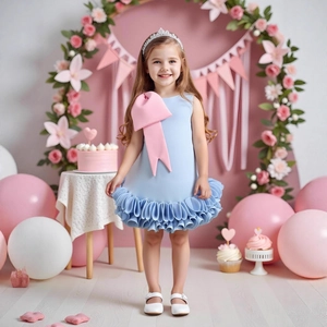 Detailed ruffled hemline of a light blue sleeveless princess dress with pink bow ornament