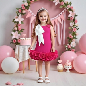 Detailed view of kids formal dress with large white bow and tiered ruffle skirt