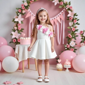 Detail of handmade 3D floral accents on a white sleeveless girl birthday party dress