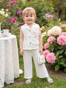 Ensemble blanc pour filles avec haut à fleurs 3D sans manches et pantalon large chic