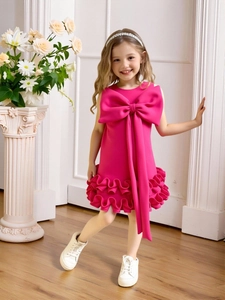 Elegant rose red girls princess dress with large bow and ruffled layers for parties