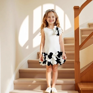 Détail de robe blanche sans manches pour fille avec appliques de pétales noirs et blancs