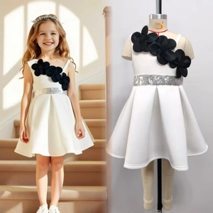 Detail view of girls white one-shoulder dress with black flowers and sequined waist