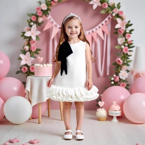 Detail of white sleeveless flower girl dress with large black bow on shoulder and ruffled skirt
