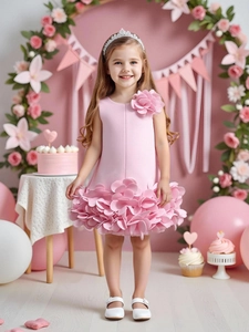 Elegant girls pink princess dress with 3D floral appliqués for birthday parties and events