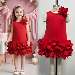 Macro detail of red sleeveless girl dress featuring 3D floral petals and elegant A-line silhouette