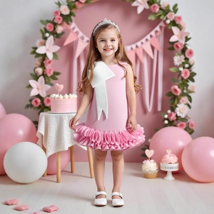 Pink sleeveless A-line girl's party dress with large white bow and tiered ruffle skirt