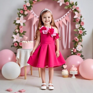 Close-up of handmade 3D floral decorations on the shoulder of a hot pink party dress