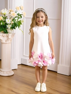 Elegant sleeveless white girls princess dress featuring pink 3D flower petal skirt detail