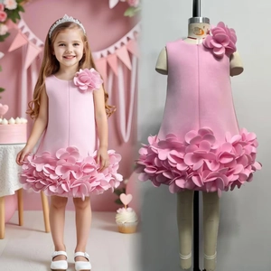 Detailed pink girls dress featuring layered 3D petals and shoulder floral applique