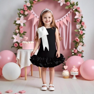 Detail of elegant girls party dress with large satin bow and layered tulle skirt