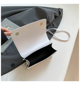 Close-up of the spacious interior compartment with magnetic snap closure on the square bag