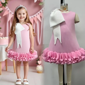 Detail of girls' pink party dress featuring large white bow and tiered ruffle skirt