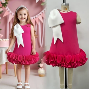 Detail of fuchsia girls' party dress with white bow and layered ruffles for events