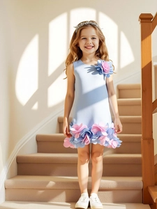 Robe de princesse sans manches bleu clair avec pétales 3D pour performance de piano fille
