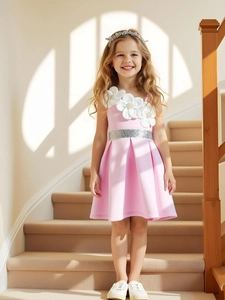 Girls Elegant Single Shoulder Princess Dress With 3D Flowers Sequin Belt Pleated Polyester Party Dress Performance Gown