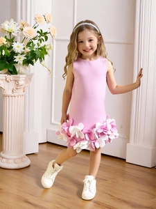 Pink sleeveless princess dress for girls with floral petal applique for piano recitals
