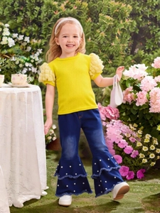 Girls summer set with yellow puff sleeve floral knit top and pearl denim flare pants