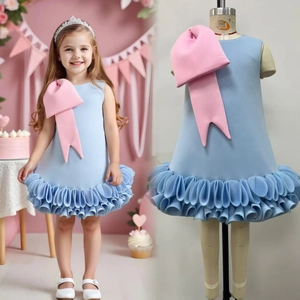 Detail of light blue girls party dress with large pink bow and tiered ruffle hem