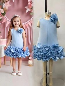 Elegant light blue girl's party dress with layered 3D flower petals and A-line silhouette