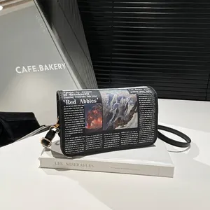 Women Retro Newspaper Print Crossbody Bag PU Leather Small Square Shoulder Bag Gold Hardware Stylish Street Messenger