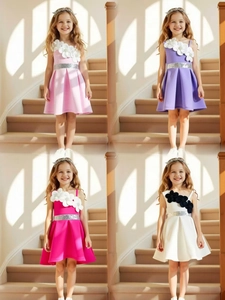 Elegant sleeveless girl dress with large floral details and sequin belt in four colors