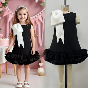 Macro detail of elegant black sleeveless girls dress with oversized white shoulder bow