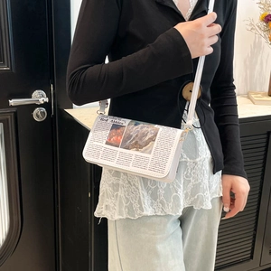 Street style square crossbody bag with vintage newspaper print and adjustable strap