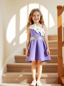 Elegant purple sleeveless princess dress with floral shoulder accents and sequin waistband