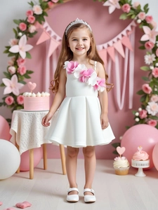 Girls One Shoulder Princess Dress With 3D Floral Applique Cotton Summer Birthday Party Tutu Dress For Kids Celebration