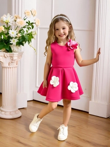 Robe de princesse rose sans manches pour filles avec fleurs 3D et jupe plissée ample