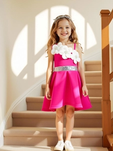Pink one-shoulder girls' princess dress with floral detail and sequin belt for parties