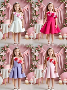 One-shoulder flower girl party dress with 3D floral accents in four pastel colors
