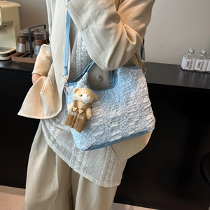 Pleated light blue bucket bag with teddy bear charm for women crossbody fashion handbag
