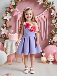 Lavender girls party dress with 3D floral appliqués and pleated A-line skirt