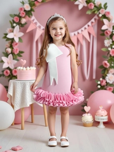 Pink sleeveless girls party dress with large white shoulder bow and layered ruffled skirt