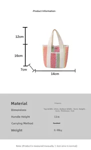 Detailed size specifications and material info for the striped woven tote handbag