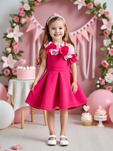 Hot pink girls party dress with 3D floral neckline for birthday celebration event