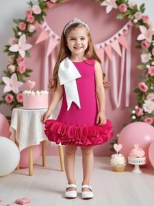 Elegant hot pink girls princess party dress with large white bow and ruffled hemline