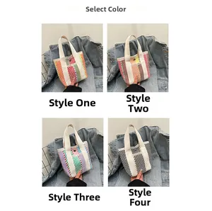 Detailed grid view showing four color options of striped woven tote bags on denim fabric