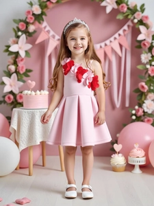 Pink one-shoulder flower girl dress with 3D floral neckline for birthday party