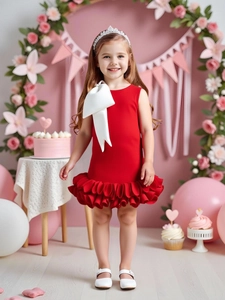 Elegant girls sleeveless red party dress with large white bow and tiered ruffle skirt