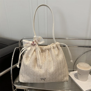 Sweet Lace Flower Bow Woven Straw Tote Bag For Women Summer Vacation Large Capacity Drawstring Shoulder Bag Casual Bag