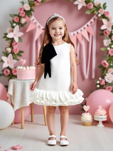 Elegant sleeveless white girls party dress with a large 3D black shoulder bow detail