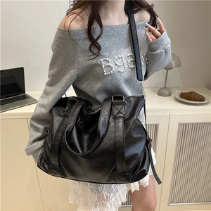 Minimalist black PU leather large capacity tote bag with adjustable shoulder straps