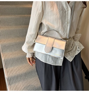 Detail of silver metallic handbag with pearl accent on flap and slim shoulder strap