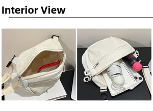 Internal view of cream crossbody bag showing red mesh pocket and storage capacity