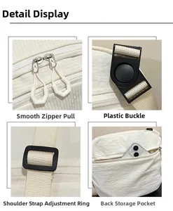 Detailed view of dual metal zippers, plastic buckles, and adjustable straps on white bag