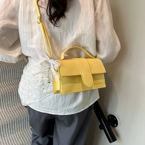 Minimalist bright yellow PU leather handbag with elegant lace pearl charm and strap