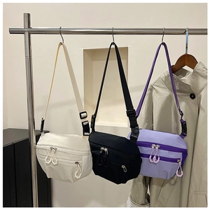 Three colors of nylon crossbody bags showing adjustable straps and checkered texture details